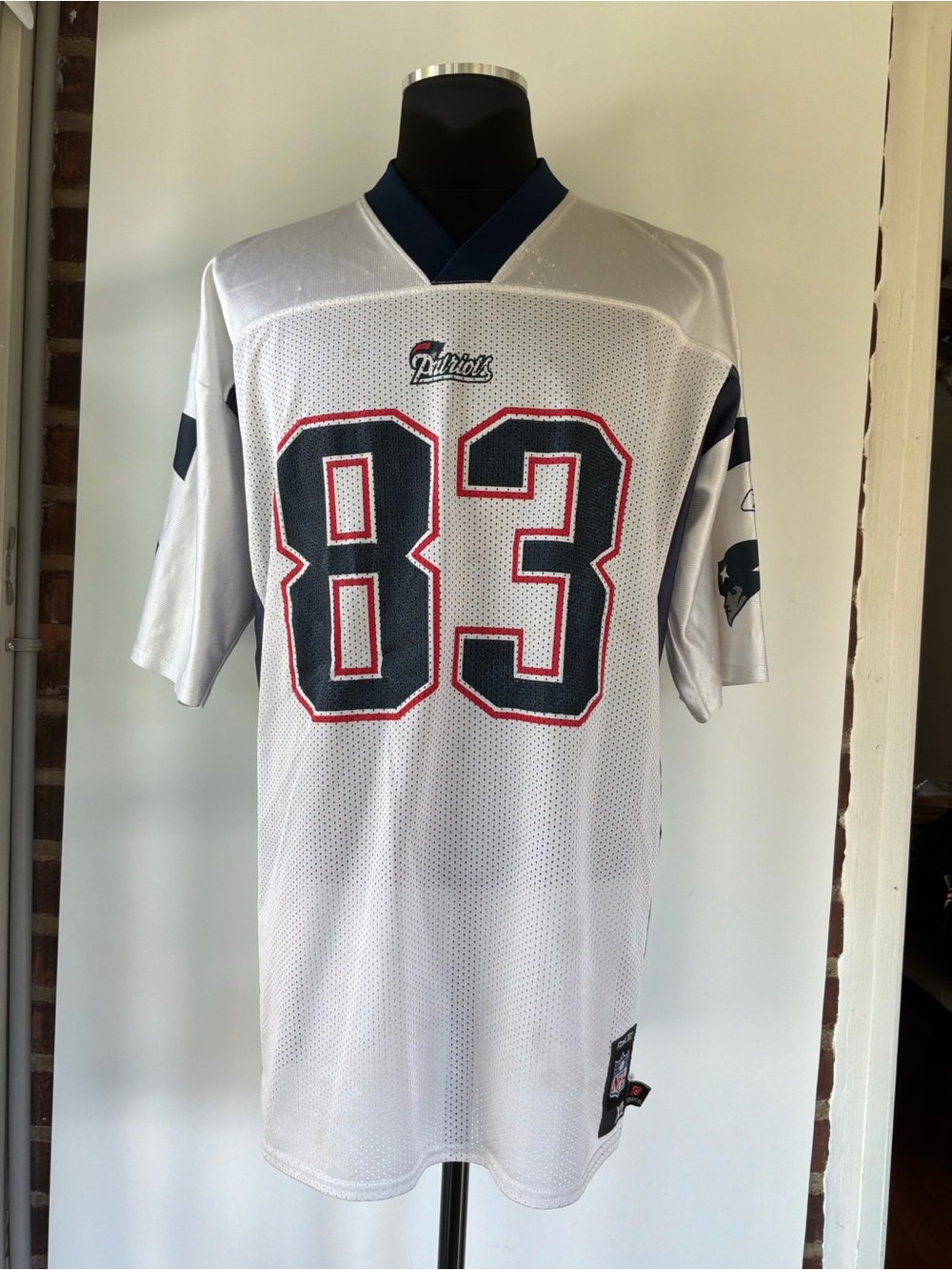 Reebok Men’s White Patriots #83 Football Jersey with Navy and Red Trim